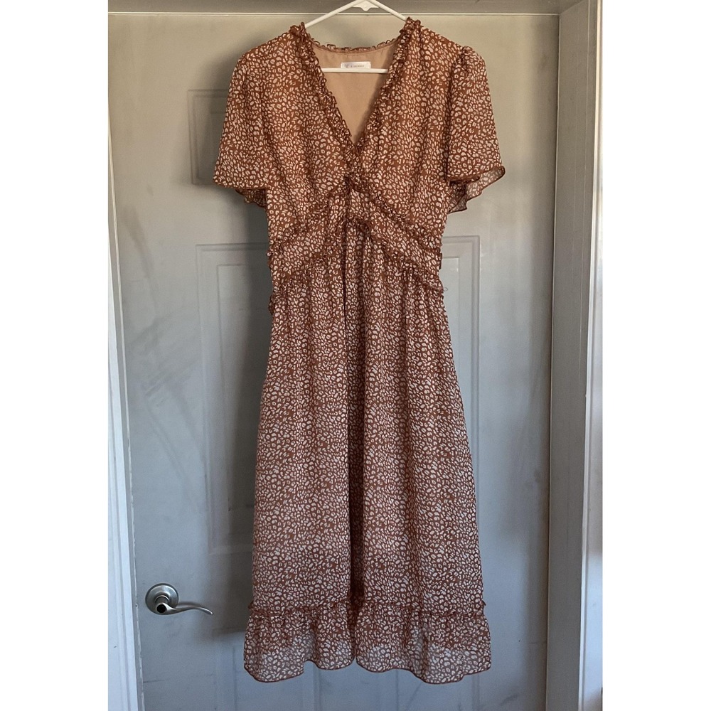 Kirundo Dress Womens Large Brown White Leopard Print Ruffle Wrap Midi Polyester‎